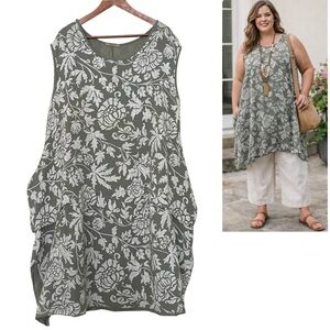 Beyond Capri Linen Dress Italian Floral Lagenlook Sage Green XL XXL Plus Size